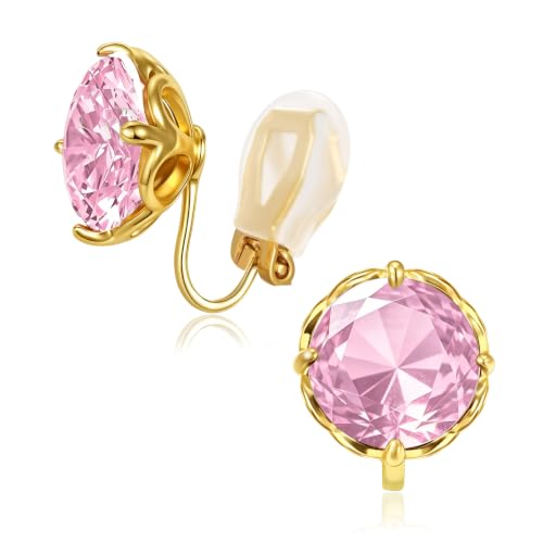 Round Austrian Crystal Clip On Earrings for Women Non Pierced Earrings, Hypoallergenic Clip-on Earrings Jewelry Gift for Sensitive Ears - color: Pink