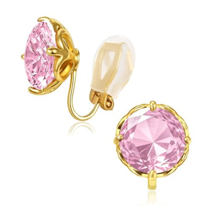 Round Austrian Crystal Clip On Earrings for Women Non Pierced Earrings, Hypoallergenic Clip-on Earrings Jewelry Gift for Sensitive Ears - color: Pink