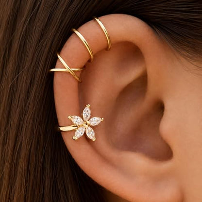 Flower Ear Cuff Set for Women Non Piercing Cartilage Earrings Clip On Wrap Cuffs Stackable Jewelry Gifts - color: B2:gold ear cuff set