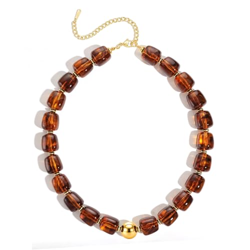 Ritach Chunky Beaded Necklaces for Women - Colorful Large Square Acrylic Beaded Necklace Boho Chunky Necklace Adjustable Statement Choker Necklace for Women Waterproof Summer Beach Jewelry Gifts - color: Amber
