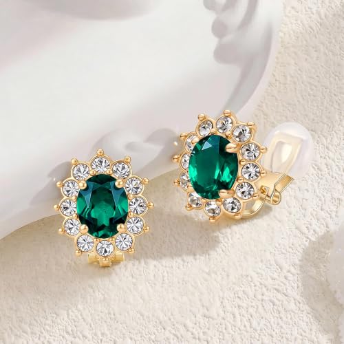 EVEVIC Oval Austrian Crystal Halo Clip On Earrings for Women | Oval Austrian Crystal with Zircon Halo,14K Gold-Plated,Silicone Comfort Pad,Gift Box Included,For Daily and Evening Events - color: Emerald Green