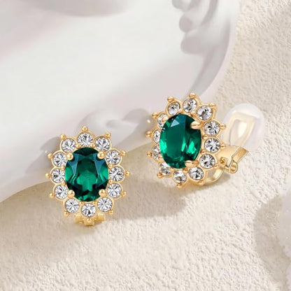 EVEVIC Oval Austrian Crystal Halo Clip On Earrings for Women | Oval Austrian Crystal with Zircon Halo,14K Gold-Plated,Silicone Comfort Pad,Gift Box Included,For Daily and Evening Events - color: Emerald Green