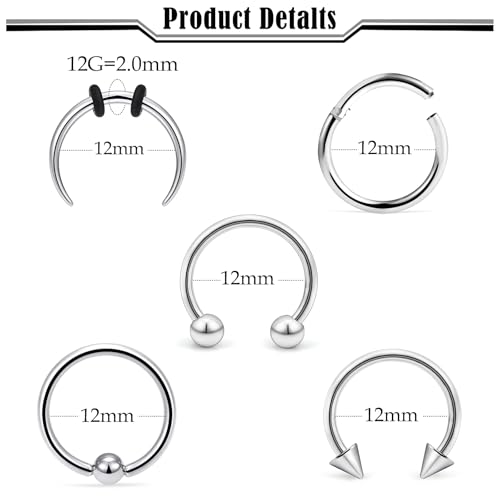 Septum Rings 16G 14G 12G 10G 8G 6G 4G 2G Surgical Steel Septum Stretching Kit Septum Pincher Tapers Gauge Kit Nose Ring Hoop Horseshoe Helix Tragus Daith Rook Piercing Jewelry for Women Men - style: 12G(2.0mm)-Inner Dia:12mm