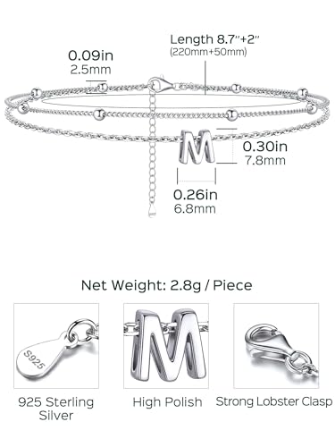 ChicSilver Ankle Bracelets for Women Waterproof, 925 Sterling Silver Initial Anklets for Women, Adjustable Dainty Layered Anklet Beach Jewelry for Women Mom Wife Friend - style: Silver-M
