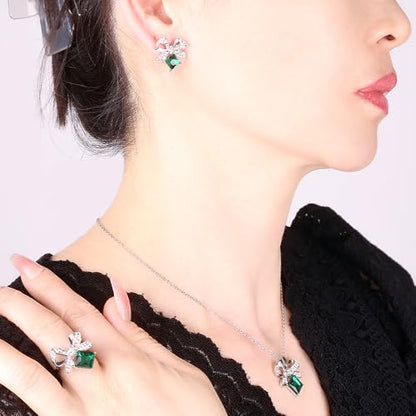 Elegant Jewelry Set Necklace for Women，Adjustable Dainty Cubic Zirconia Trendy Choker Pendant Necklace+Earrings+Ring, Mother's Day Valentine's Day Gifts Pendant Set for Women 3PCS - color: Green bow