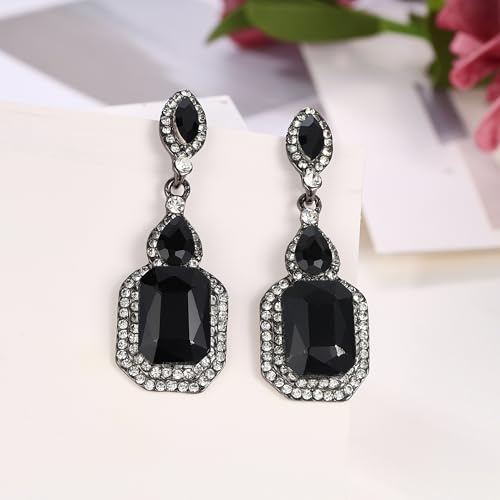 Women's Wedding Bridal Crystal Emerald Cut Infinity Figure 8 Chandelier Clip-On Dangle Earrings - color: Black Black-Tone