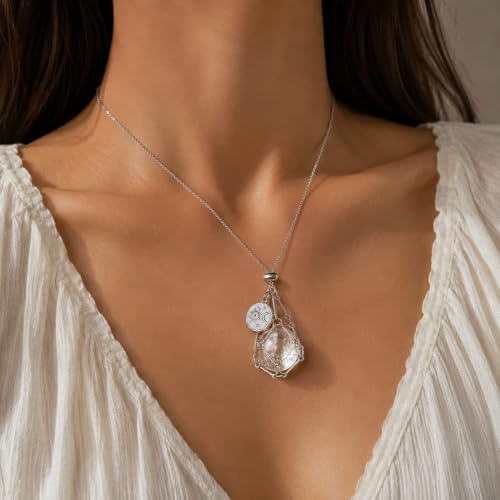 MIXJOY Black Obsidian Crystal Necklace for Women, Sun and Moon Celestial Pendant Protection Gift for Halloween Christmas - style: Clear Quartz Small