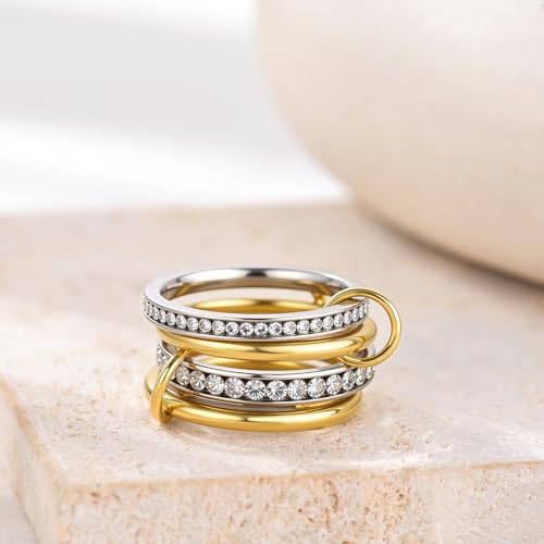 HERSIN Stackable Interlocked Rings for Women Non Tarnish, 14K Gold Plated Cubiz Zirconia Ring Chunky Rings Mixed Metal Multi Ring Dainty Stacking Rings Set Gold Jewelry for Women Gifts