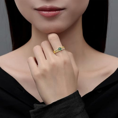 MRW Rings For Women Handmade Natura Green 925 Sterling Silver Gold Plated Zircon Ring Jewelry For Women - color: NATURAL JADE（Line Design）