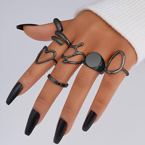 FAXHION 12PCS Gold Stackable Rings Set for Women, 18K Gold Plated Open Stacking Knuckle Ring, Adjustable Chunky Signet Band Statement Ring for Gift - color: 1-ringsBlack