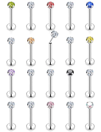 16G 18G 20G Threadless Push in Lip Rings Stainless Steel Flat Back Nose Rings Studs Tragus Helix Conch Cartilage Lobe Earrings Stud Piercing Jewelry for Women Men Diamond CZ Silver 20PCS - color: 20G-10MM Length-3MM CZ