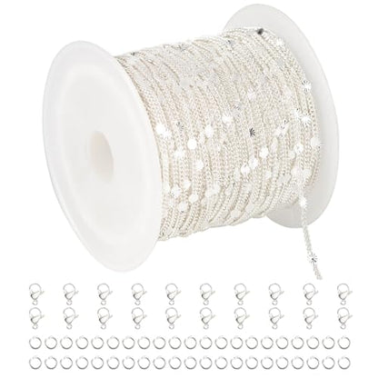 UMAOKANG 32.8 Feet Silver Chain for Women Necklace Bracelet DIY Jewelry Supplies Twist Curb Embossed Sequin Silver Plated Brass Chain Roll - color: Silver Embossed Sequin