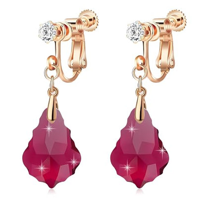Austrian Crystal Baroque Drop Clip On Dangle Earrings for Women Non Pierced 14K Rose Gold Plated Hypoallergenic Jewelry - color: Fuchsia
