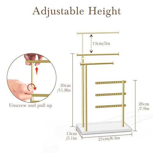 susswiff Jewelry Holder Organizer Stand - Adjustable Tall 17.5" (Max), Sturdy Jewelry Hanger for Necklaces, Earrings, Bracelets, Rings, Jewlery Display and Storage, Gold and White, Metal - color: Gold