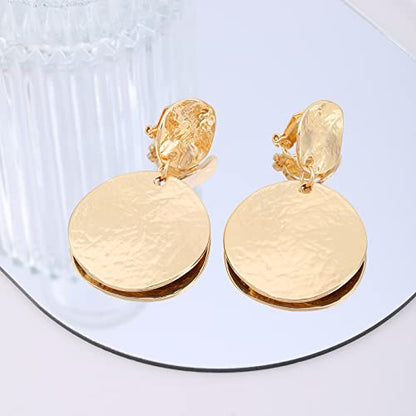 Gold Metal Clip On Earrings for Women Non Pierced Dangle Drop Earrings Multiple Styles - color: gold disc + silver disc
