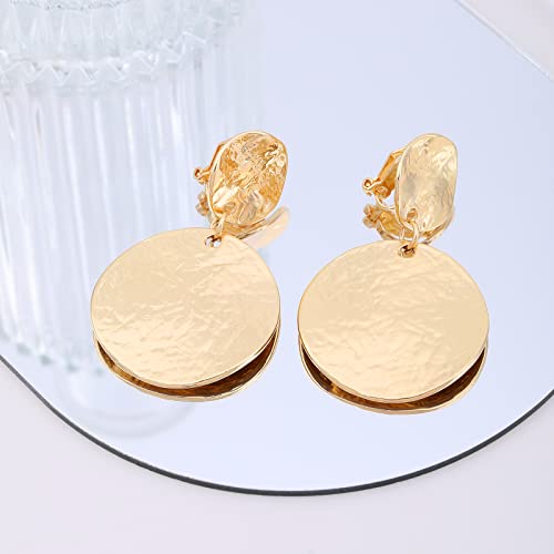 Gold Metal Clip On Earrings for Women Non Pierced Dangle Drop Earrings Multiple Styles - color: gold tassel + disc