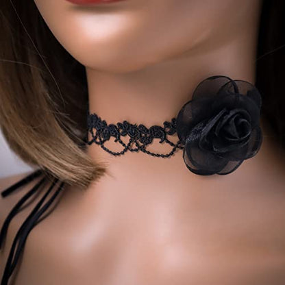 Black Choker Camellia Flower Lace-up Necklace For Women - color: BLACK2