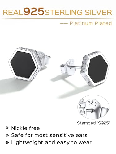 ChicSilver 925 Sterling Silver Viking Rune Natural Black Onyx Stud Earrings For Women Men - style: D: Hexagon Black Onyx