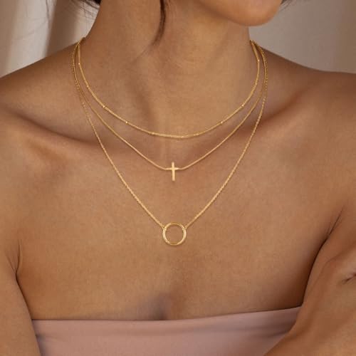 MFRYK Gold/Silver Necklaces Stack For Women,14K Gold/Sterling Silver Plated Simple Layered Choker Necklaces For Women,Stackable Multilayer Pearl Cross Disc Circle Pendant Cuban Herringbone Snake Paperclip Chain Necklaces Set Jewelry Gift for Women - style