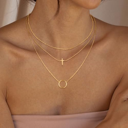 MFRYK Gold/Silver Necklaces Stack For Women,14K Gold/Sterling Silver Plated Simple Layered Choker Necklaces For Women,Stackable Multilayer Pearl Cross Disc Circle Pendant Cuban Herringbone Snake Paperclip Chain Necklaces Set Jewelry Gift for Women - style