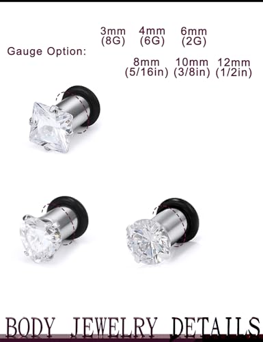 Jenxnjsjo 14g to 7/8in Ear Gauges Plugs Tunnels Taper Earrings Stretching Expander Kit Set for Women Men - color: 061: Cubic Zirconia, Clear, 3Pairs, size: 0g (8mm)