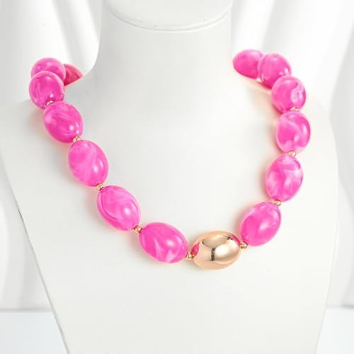 Chunky Beads Necklace for Women Trendy Gold Puffy Heart Choker Necklace Colorful Resin Beaded Heart Pendant Necklaces Statement Jewelry - color: Oval Beads-Rose Red