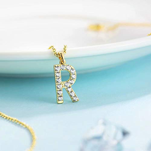 Tarsus Initial Cubic Zirconia Necklace for Women Teens | Jewelry Gifts for Women Adjustable Chain 18" + 2" - style: Gold-R-Diamond style