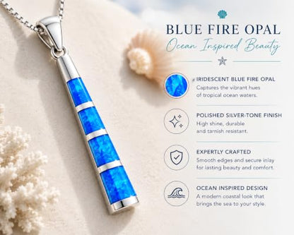 Blue Fire Opal Necklace for Women – Silver Bar Pendant Necklace, Ocean Inspired Coastal Jewelry, Adjustable 18-20 Inch Chain