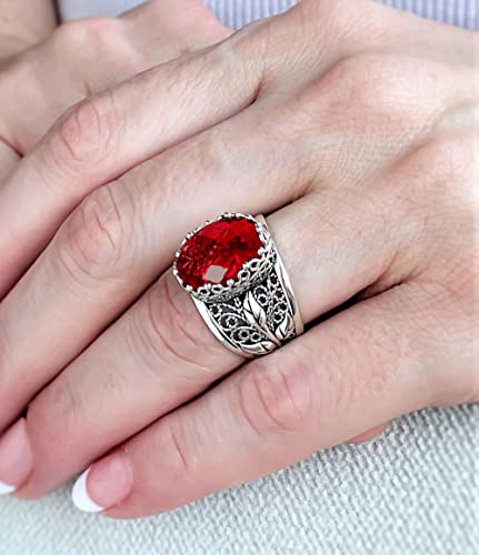 Filigranist 925 Sterling Silver Filigree Art Lace Embroidery Tulip Detailed Gemstone Women Cocktail Ring, Luxurious Gift Boxed - color: Hydro Ruby