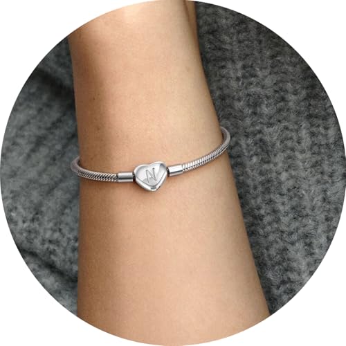 Initial Bracelet Heart Clasp Stainless Steel Snake Chain Alphabet Letter Charm Gift for Women Mom Girlfriend Wife - style: N