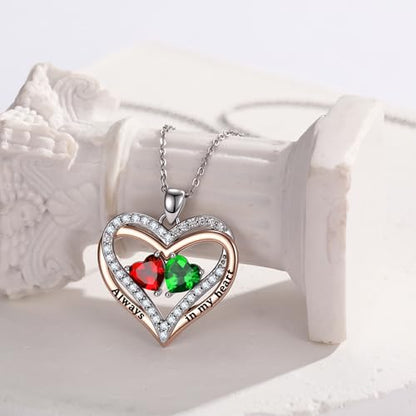 Heart Birthstone Necklace for Women 14K Rose Gold/White Gold Filled Overlapping Double Hearts Pendant Anniversary Valentine's Day Birthday Mother's Day Christmas Gifts for Wife Mom Daughter Her - color: 01-05-Jan-May Birthstone-A, style: Double-Layered Lo