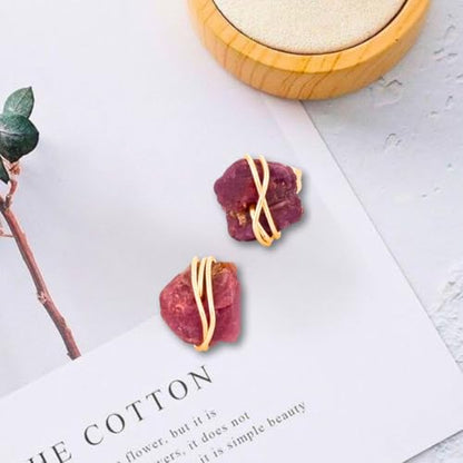 Gempires Wire Wrapped Raw Gemstone Stud Earrings for Women, Birthstone | Handmade wire-wrapped raw gemstone stud earrings — choose from stones and birthstones, artisan raw crystals on gold. - style: Ruby