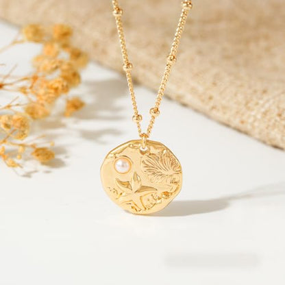 MTMY Gold Starfish Necklace 14K Gold Plated Shell Conch Ocean Pendant Necklace for Women Beach Summer Jewelry - style: pearl starfish