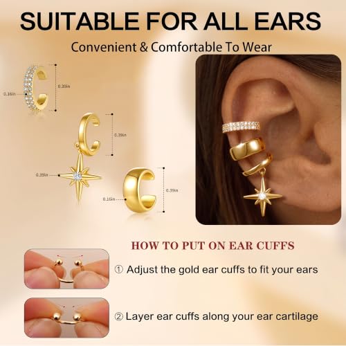 14K Gold Plated Layered Chunky Ear Cuff for Women Thick Ear Clips | Ear Cuff Earrings for Women,Hammered Texture design，Lightweight Hypoallergenic Ear Clips，trendy Jewelry for Daily Party Prom - color: gold 5