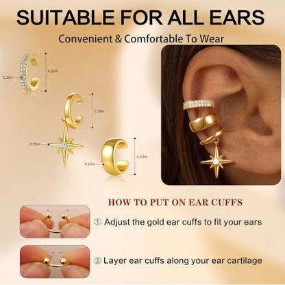 14K Gold Plated Layered Chunky Ear Cuff for Women Thick Ear Clips | Ear Cuff Earrings for Women,Hammered Texture design，Lightweight Hypoallergenic Ear Clips，trendy Jewelry for Daily Party Prom - color: gold 5