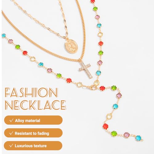 Layered Cross Necklace Set for Women, Layered Choker Necklaces Trendy Jewelry, Colorful Enamel Beaded Y-Shaped Lariat Necklace, Boho Multilayer Cross Necklace for Party and Daily Wear - color: Gold-12