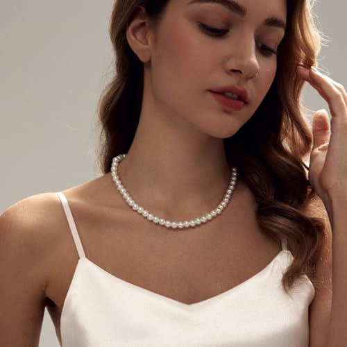 Zeffy Pearl Necklace 4MM/6MM/8MM Dainty Round Imitation Pearl Choker Necklace Wedding Pearl Necklace Delicate Jewelry for Women Simple Bridesmaid Jewelry Gifts - style: 8mm Silver Pearl Necklace(14"+2")