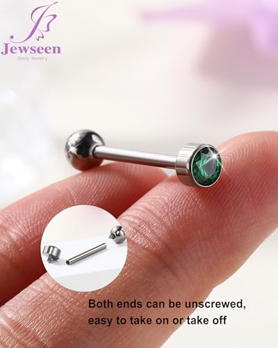 Jewseen ASTM F136 Hypoallergenic Titanium Super Light Tongue Ring Cute Crystal Internally Threaded 14G 16mm Piercing Jewelry-TIMELESS COLLECTION - color: Emerald Green