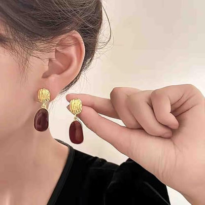 Vintage Oval Enamel Burgundy Earrings Gold Hammered Disc Stud Earrings Enamel Red Drop Earrings Irregular Burgundy Dangle Earrings Red Acrylic Geometric Earrings Jewelry for Women