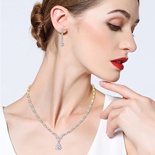 EVER FAITH Pear Shaped Cubic Zirconia Bridal Wedding Jewelry Set for Women | Gorgeous Water Drop Bride Necklace Dangle Earrings, for Bride Bridesmaid - color: Clear Gold-Plated-Brass