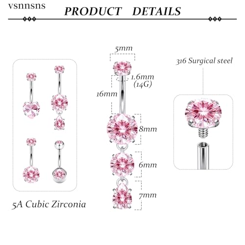 Vsnnsns 14G Dangle Belly Button Ring Piercing Jewelry 316L Stainless Surgical Steel Round Heart Cubic Zirconia Navel Rings Dangling Belly Button Ring Piercing Jewelry for Women 14 Gauge Hypoallergenic - color: Silver-16MM Bar-Pink CZ