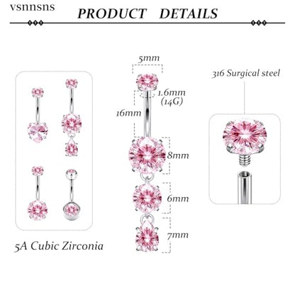 Vsnnsns 14G Dangle Belly Button Ring Piercing Jewelry 316L Stainless Surgical Steel Round Heart Cubic Zirconia Navel Rings Dangling Belly Button Ring Piercing Jewelry for Women 14 Gauge Hypoallergenic - color: Silver-16MM Bar-Pink CZ