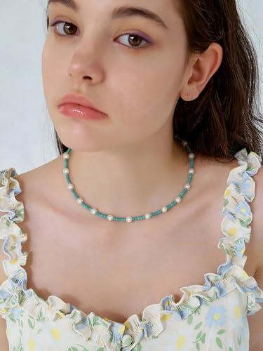 PEARLADA Turquoise Beaded Choker Necklace Chakra Stone Necklace Adjustable - color: Turquoise Beads 3mm