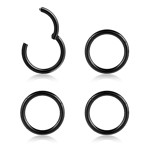 4Pcs 16G 18G 20G Surgical-Steel-Piercing-Ring-Nose-Rings-Hinged-Hoop-Earrings,6mm 8mm 10mm 12mm Seamless Stainless Steel Clicker Eyebrow Septum Piercing Hoop,Sliver Black Gold Rose Gold Rainbow Body Jewelry Set - color: 16G 8mm Black
