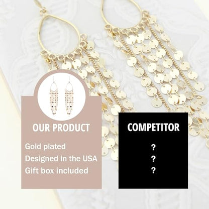 Bohemian Boho Tassel Dangle Drop Earrings for Women – Lightweight Filigree Gypsy Coin Chandelier Disc Charm Hoops – included Gift Box - style: Teardrop - Gold
