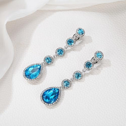 EleQueen Women's Wedding Crystal Teardrop Pear Shape 3 Inch Clip on Long Dangle Earrings for Bride Bridesmaid, Jewelry for Party Prom/Anniversary - color: Light Blue Silver-Tone
