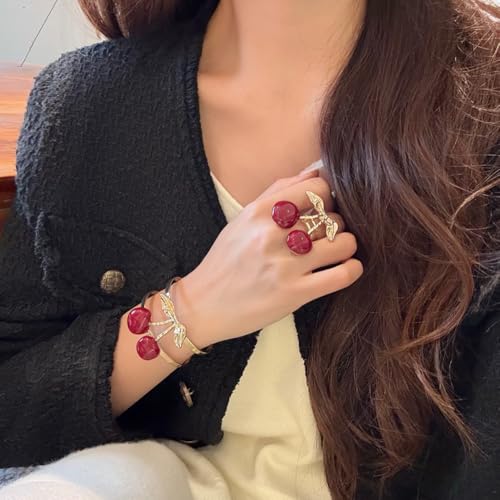 Cherry Charm Bracelet and Ring Set for Women, Gold Tone Adjustable Cuff Bangle Statement Cherry Rings Cute Fruit Jewelry Set Trendy Gift for Birthday Valentine’s Day