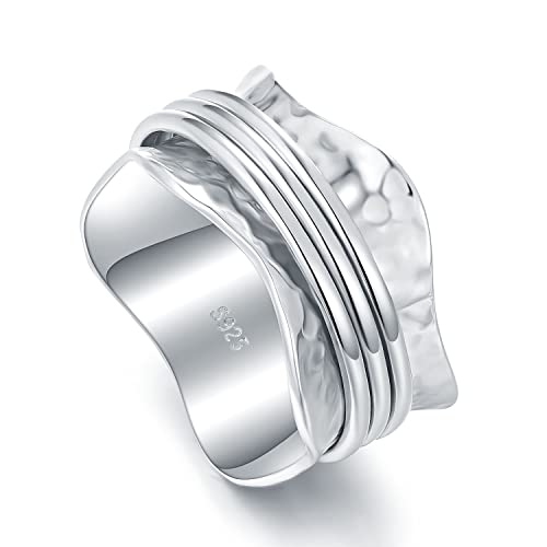 925 Sterling Silver Anxiety Ring with Beads Fidget Spinning Rings for Women Worry Beads Rings - color: hammered design D