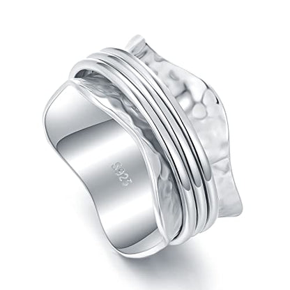 925 Sterling Silver Anxiety Ring with Beads Fidget Spinning Rings for Women Worry Beads Rings - color: hammered design D