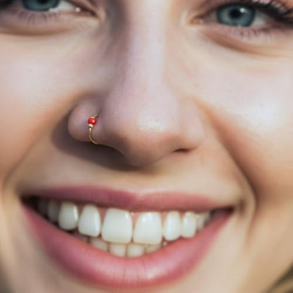 925 Sterling Silver & 14K Gold Filled Nose Ring Hoop Handmade Piercing Jewelry For Women - 24 Gauge 2mm,7mm Tiny Nose Ring with Opal - Gift Ready - color: Red Opal Gold